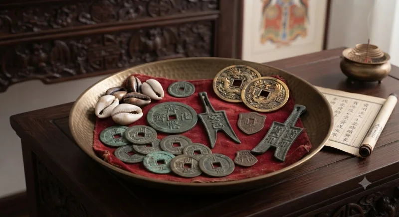 Traditional Chinese Feng Shui coins tied with red string representing wealth, prosperity, and good fortune.