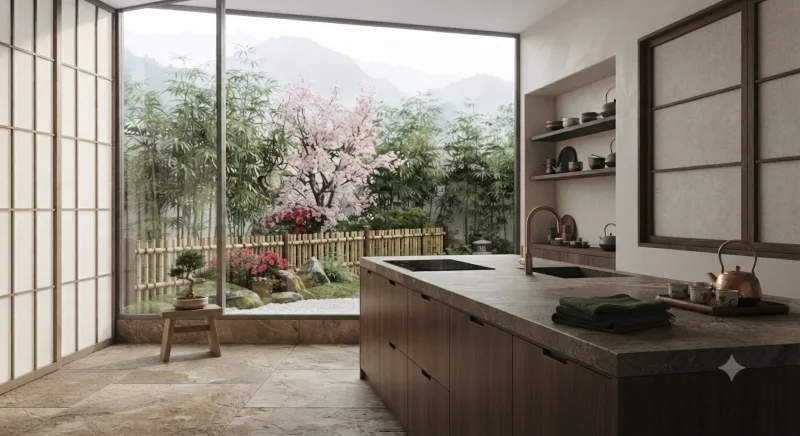 Bright and organized kitchen designed with Feng Shui principles, featuring a clean layout, natural light, and balanced colors.