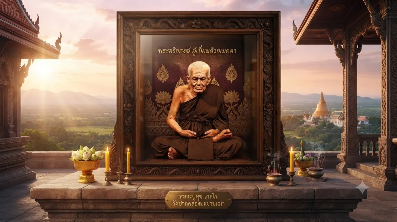 Portrait of Luang Pu Tuad of Wat Chang Hai, the revered Thai Buddhist monk known for legendary blessings, compassion, and sacred amulets.