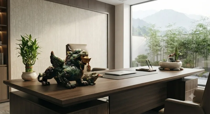 Modern office workspace with organized desks, ergonomic chairs, indoor plants, natural lighting, and a balanced Feng Shui layout.