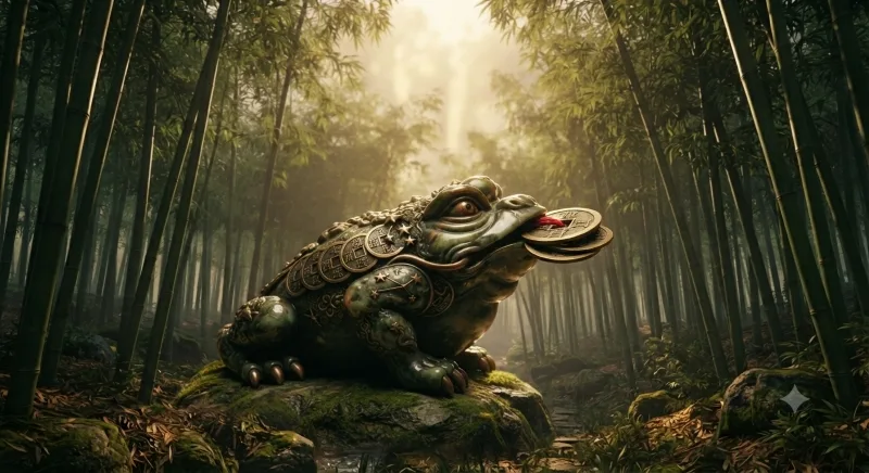 Traditional Three-Legged Money Frog Feng Shui statue with Chinese coins and wealth symbols.